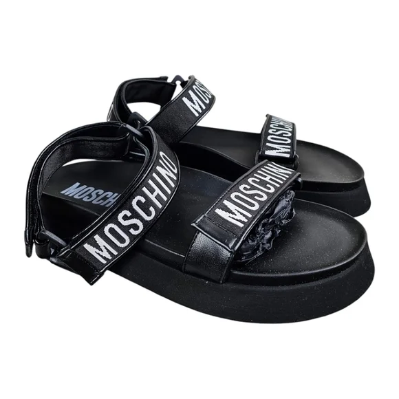 もも Moschino Men's Logo Grip Strap Sandals Size 42 Black & White